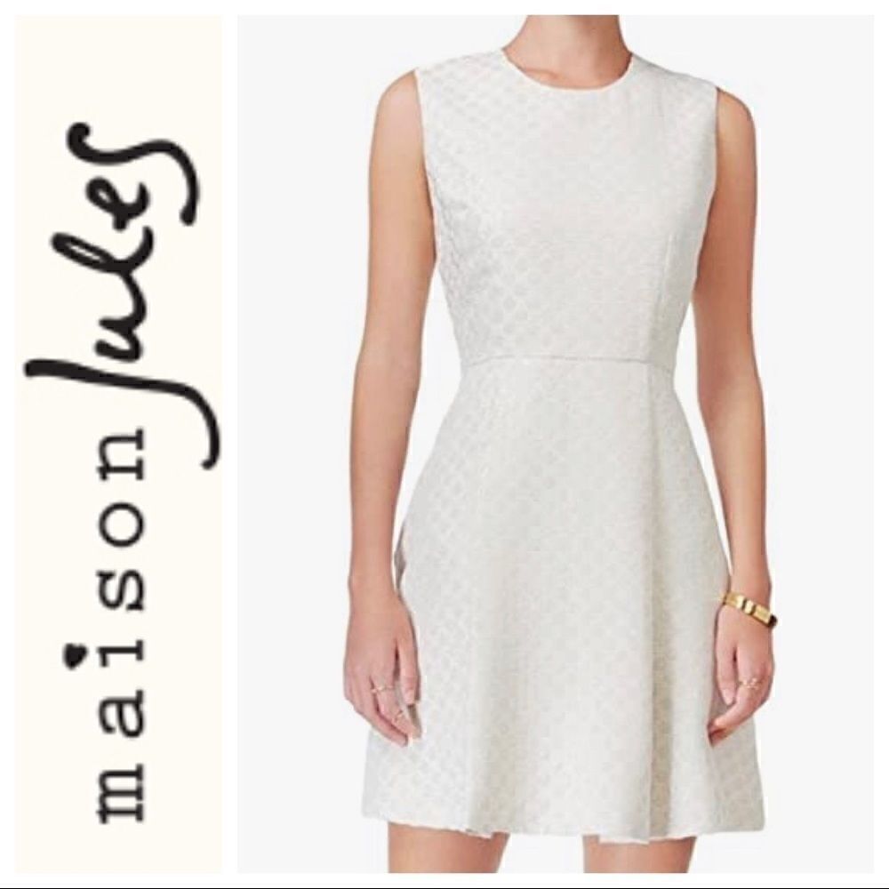 Maison Jules Geneva Metallic Polka Dot Fit Flare Mini Dress Ivory White Small
